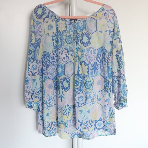 Talbots Blue Print Cotton Peasant Boho Blouse Top Floral Top Plus Size 2X Summer - Picture 2 of 9